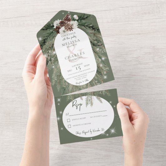 Rustieke groene dennen winter sparkle geen diner all in one uitnodiging (Afscheurbaar)
