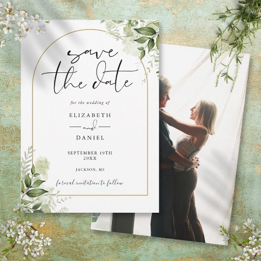 Rustieke groene elegante gouden boog foto bruiloft save the date