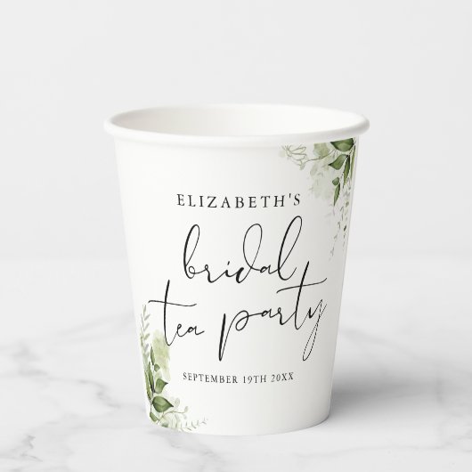 Rustieke groene elegante script bruiloft theeparty papieren bekers (Achterkant)