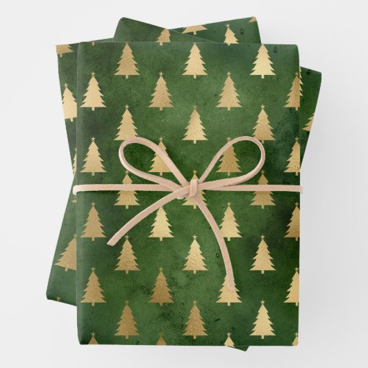 Rustieke  groene en gouden folie kerstbomen inpakpapier vel (In situ)