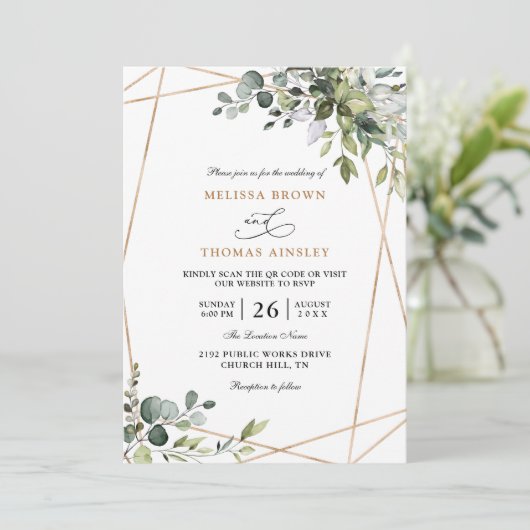 Rustieke Groene Eucalyptus Budget QR Code Trouwen Kaart (Staand voorkant)