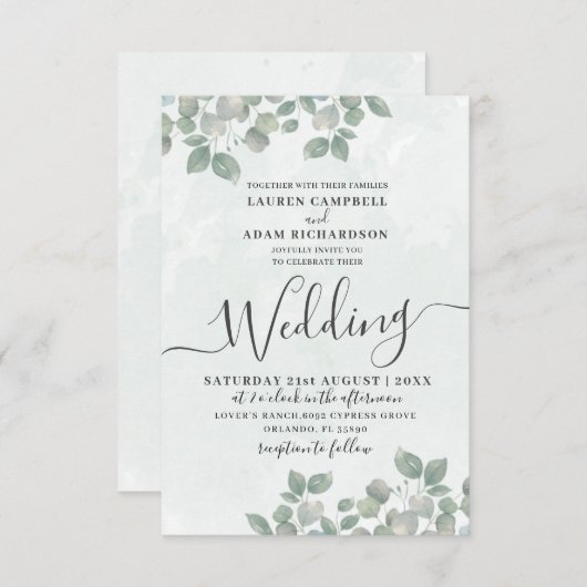 Rustieke Groene Eucalyptus Waterverf Bruiloft Kaart (Voorkant / Achterkant)