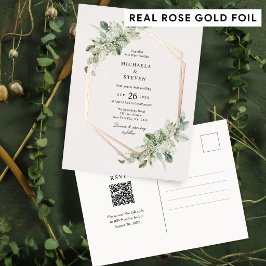 Rustieke groene geometrische trouw echte roze goud folie uitnodiging briefkaart