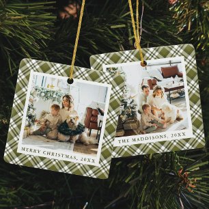 Rustieke groene geruite kerstfamiliefotocollage keramisch ornament