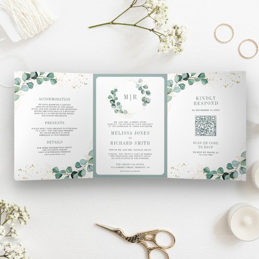 Rustieke Groene Goud Eucalyptus QR Code Trouwen Drieluik Uitnodiging