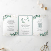 Rustieke Groene Goud Eucalyptus QR Code Trouwen Drieluik Uitnodiging (Binnen)