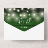 Rustieke groene houten bloem slingerlichtjes bruil all in one uitnodiging (Achterkant)