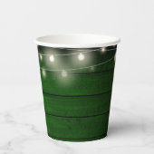 Rustieke groene houten slingerlichten bloemige bru papieren bekers (Achterkant)