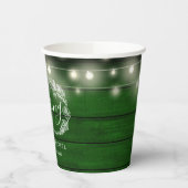 Rustieke groene houten slingerlichten bloemige bru papieren bekers (Links)