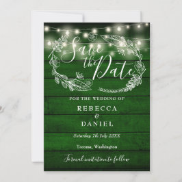Rustieke groene houten slingerlichten bloemige bru save the date