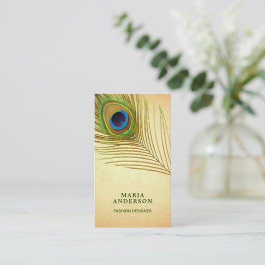 rustieke groene Indische pauw veer Visitekaartje (Staand voorkant)