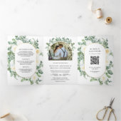 Rustieke groene ivoorkleurige bloemen foto QR-code Drieluik Uitnodiging (Binnen)