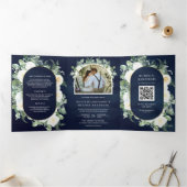 Rustieke groene ivoorkleurige bloemen Navy QR-code Drieluik Uitnodiging (Binnen)