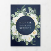Rustieke groene ivoorkleurige bloemen Navy QR-code Drieluik Uitnodiging (Cover)