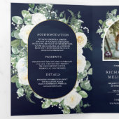 Rustieke groene ivoorkleurige bloemen Navy QR-code Drieluik Uitnodiging (Binnenzijde eerst)