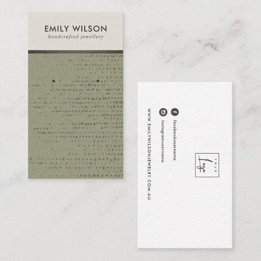 RUSTIEKE GROENE KRAFT WITTE STUD OORBEL DISPLAY KA VISITEKAARTJE (Voorkant / Achterkant)