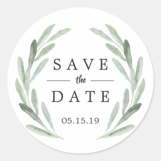 Rustieke Groene Krans Bruiloft Save the Date Ronde Sticker (Voorkant)