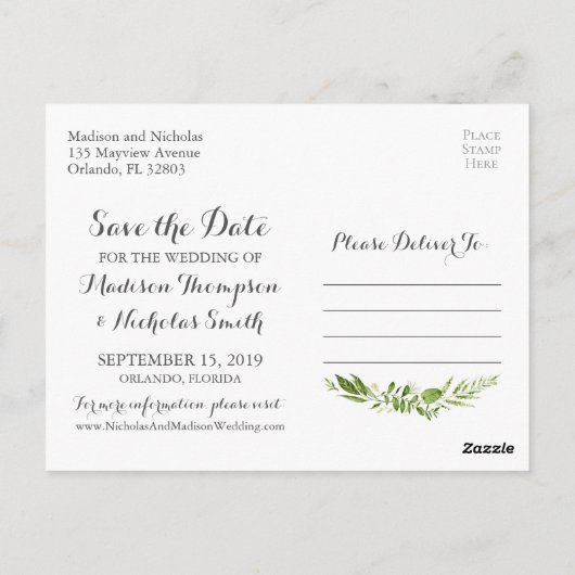 Rustieke groene krans Save the Date Briefkaarten (Achterkant)