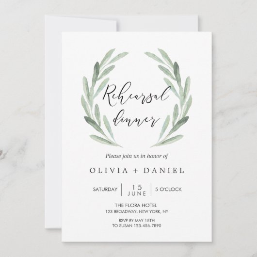 Rustieke groene olijf tak krans repetitie diner kaart (Voorkant)