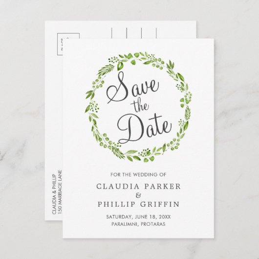 Rustieke groene olijfbladkrans Save the Date Aankondigingskaart (Voorkant / Achterkant)