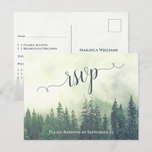 Rustieke Groene Pijnbomen Outdoor Bruiloft RSVP Briefkaart (Voorkant / Achterkant)
