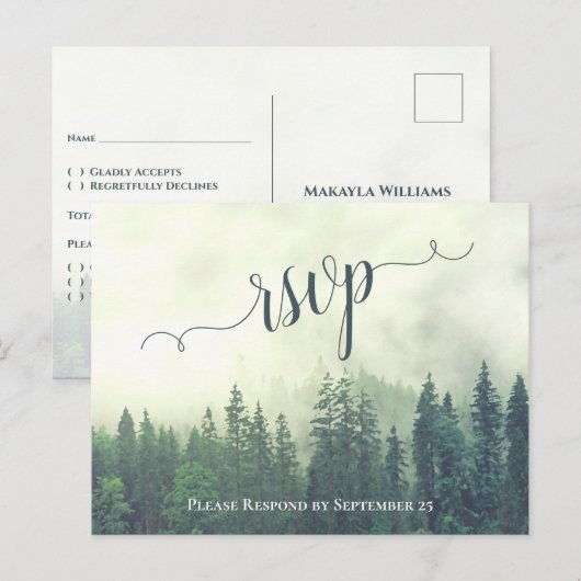 Rustieke Groene Pijnbomen Outdoor Bruiloft RSVP Briefkaart (Voorkant / Achterkant)