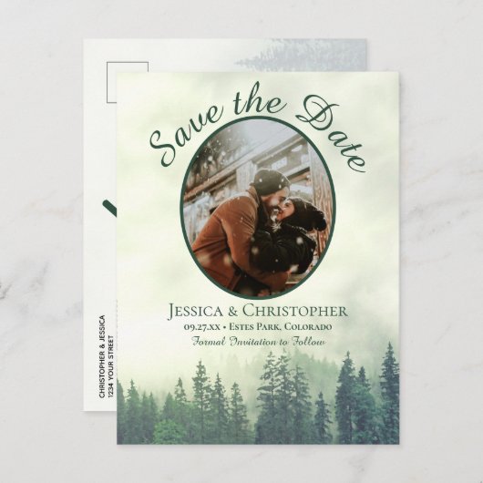 Rustieke Groene Pine Bruiloft Save the Date Oval F Aankondigingskaart (Voorkant / Achterkant)