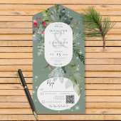 Rustieke Groene Pine & Holly Winter Sparkle QR Cod All In One Uitnodiging