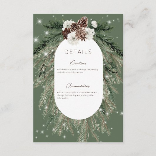 Rustieke Groene Pine Winter Sparkle Details Informatiekaartje (Voorkant)