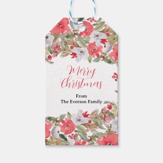 Rustieke groene rode bloemenkrans vrolijk kerstfee cadeaulabel (Voorkant)