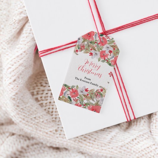 Rustieke groene rode bloemenkrans vrolijk kerstfee cadeaulabel