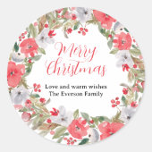 Rustieke groene rode bloemenkrans vrolijk kerstfee ronde sticker (Voorkant)