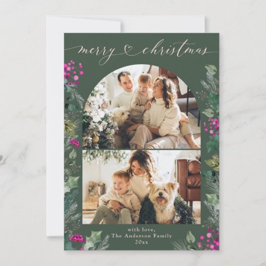 Rustieke Groene Roze Unieke Kerst Kaart w. Bericht (Voorkant)