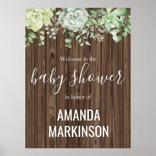 Rustieke Groene Succulente Moderne Baby Shower Poster (Voorkant)