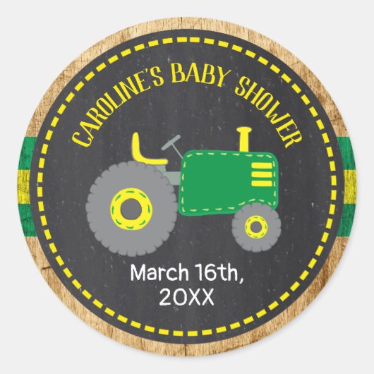 Rustieke Groene Tractor Baby shower Favor Labels (Voorkant)