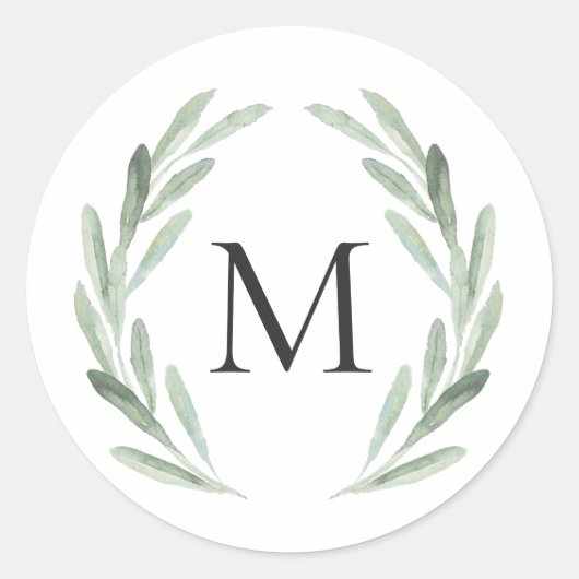 Rustieke Groene Waterverf Krans Eenvoudig Monogram Ronde Sticker (Voorkant)
