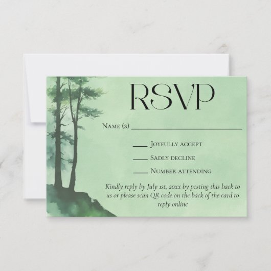Rustieke Groene Waterverf Pijnbomen QR Code Weddin RSVP Kaartje (Voorkant)