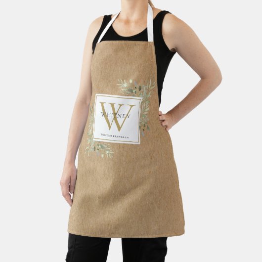 Rustieke groene waterverf wit goud monogram schort (Insitu)