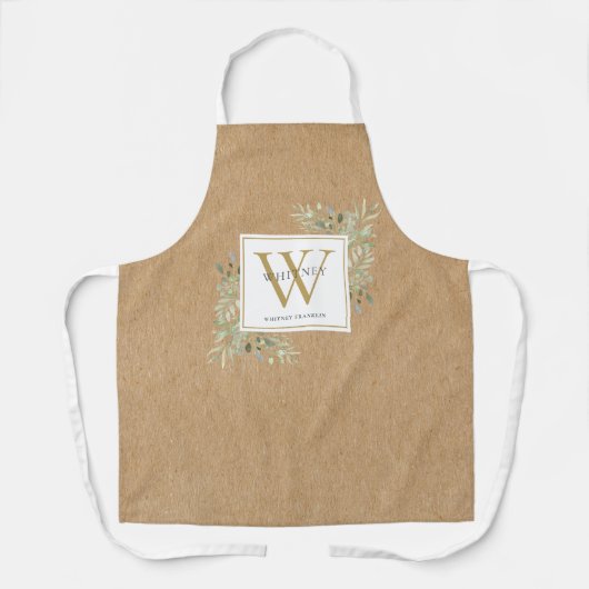 Rustieke groene waterverf wit goud monogram schort (Voorkant)