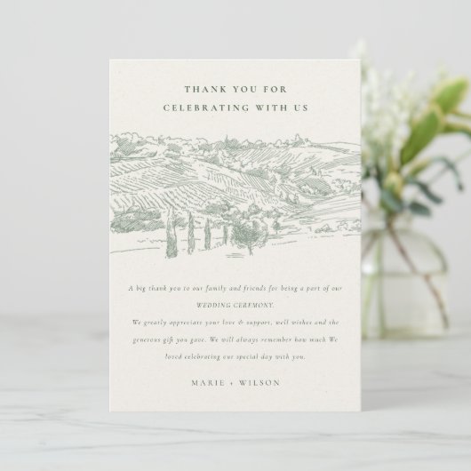 Rustieke groene wijnmakerij berg schets bruiloft bedankkaart (Staand voorkant)
