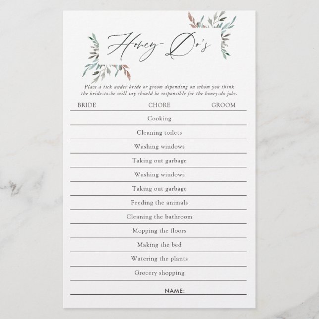 Rustieke groene winter bruidsdouche Honey-Do spel (Voorkant)