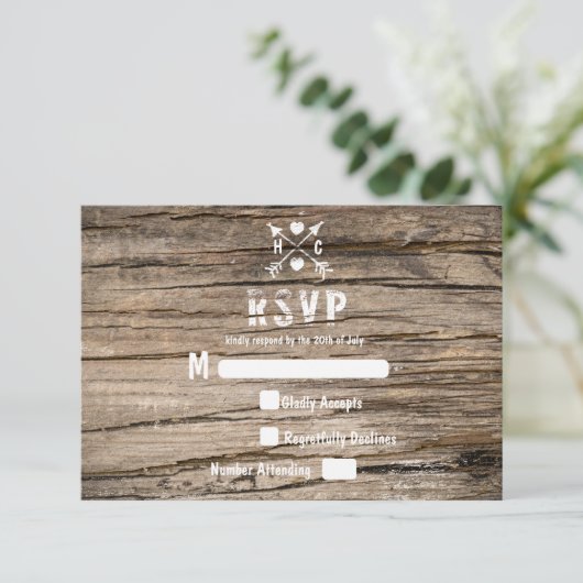 Rustieke Grunge Country Wood Houten RSVP Kaart (Staand voorkant)