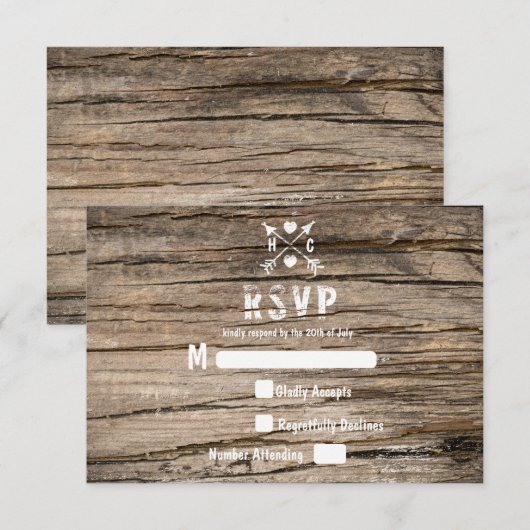 Rustieke Grunge Country Wood Houten RSVP Kaart (Voorkant / Achterkant)