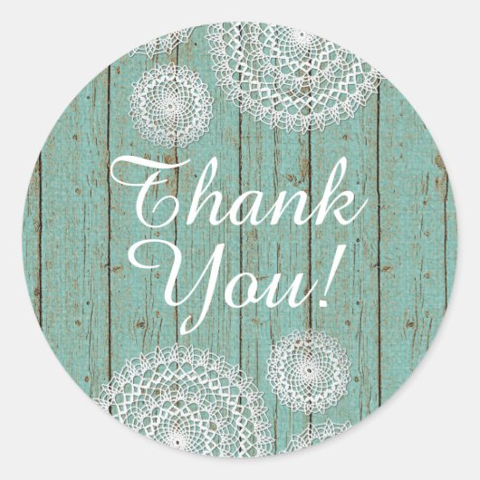 Rustieke haakdoilies op turquoise hout dank u ronde sticker (Voorkant)
