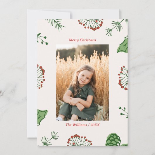 Rustieke Hand-Drawn Mistletoe Pine Kerstfoto Feestdagenkaart (Voorkant)