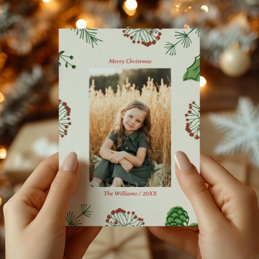 Rustieke Hand-Drawn Mistletoe Pine Kerstfoto Feestdagenkaart