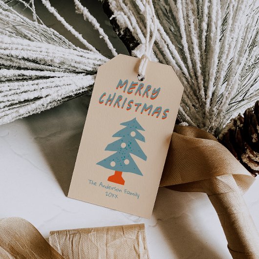 Rustieke Hand Getrokken Blauwe Kerstboom Funky Cadeaulabel