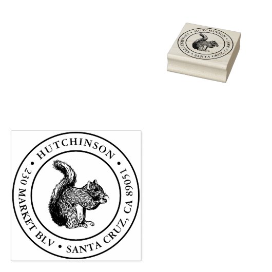 Rustieke Hand-getrokken Eekhoorn Rond Terugkeeradr Rubberstempel (Gestempeld)