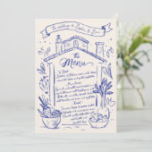 Rustieke Hand Getrokken Italiaanse Trouwmenu Blauw Menu (Staand voorkant)