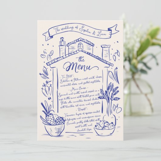 Rustieke Hand Getrokken Italiaanse Trouwmenu Blauw Menu (Staand voorkant)